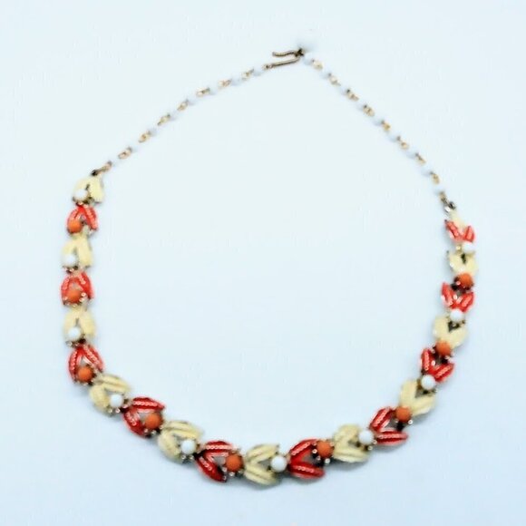 Vintage Pakula Orange Cream Enamel White Beaded Necklace - Picture 3 of 6
